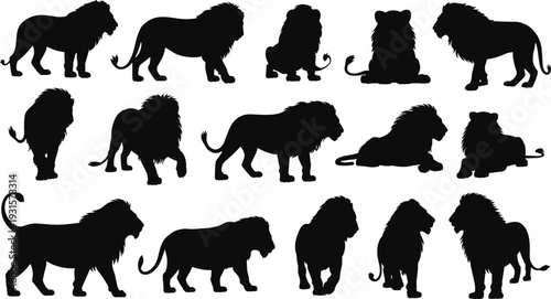 Lion silhouette collection featuring standing, walking and resting poses, wild African animal vector set isolated on white background for design