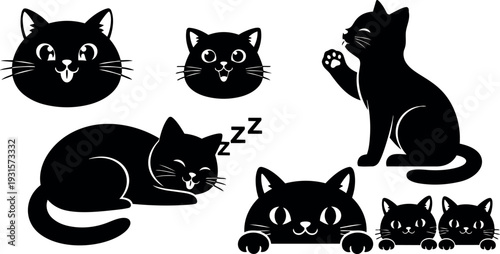 Flat design cute black cat icon set with playful poses sleeping waving peeking close up faces and paw prints silhouette