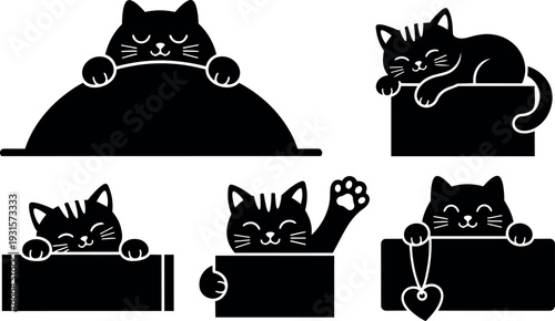 Flat design set of five playful black cat silhouettes peeking from boxes and beds with cute paw waving heart
