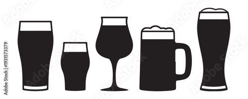 Beer glass icons set in flat style isolated on white background with different beverage silhouettes for pub menu