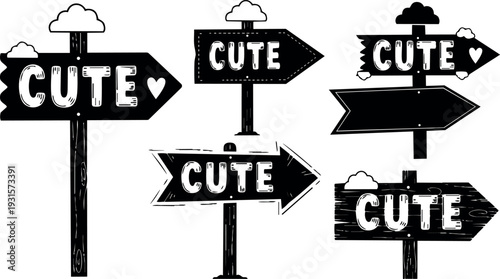 Grunge vector signpost arrows with cute stencil lettering and heart cutout on wooden posts with cloud toppers looking right bold