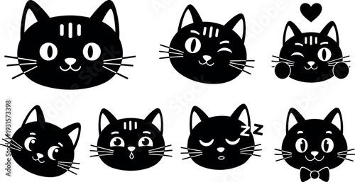 Flat design set of eight cute black cat face icons showing winking smiling sleeping surprised loving expressions in a row