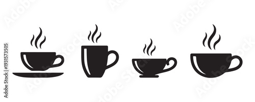 Coffee cup icons with steam silhouettes in four different mug and saucer styles for cafe signage and menu art