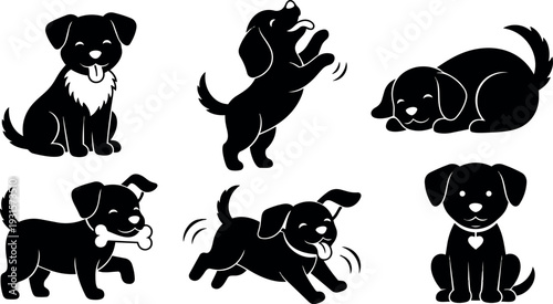 Flat design playful puppy silhouettes showing six different poses including sitting jumping sleeping running carrying bone smiling happy