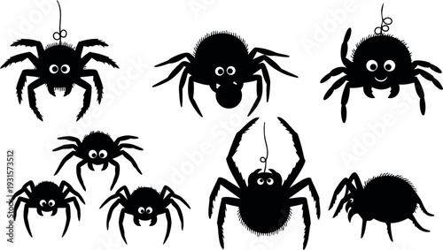 Silhouette vector flat design hanging and crawling spiders set with googly eyes various poses close up view black cute isolated