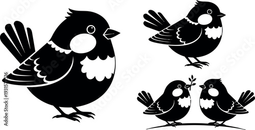 Flat vector silhouette of chubby bird close up and small pair perched on branch looking at each other playful composition