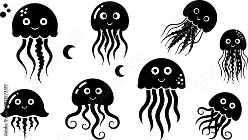 Flat design playful jellyfish floating with smiling faces varied tentacles in simple black vector art on white sea scene cute