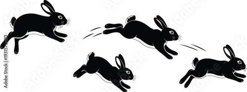 Black rabbit silhouette set with jumping bunny figures, leaping hares in motion, forest animal icons, springtime nature symbols, easter bunny vector silhouettes.