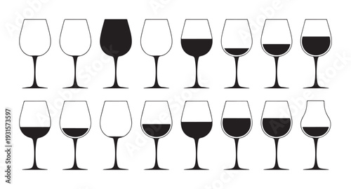 Wine glass icons showing different pour levels from empty to full in a clean minimalist black silhouette style