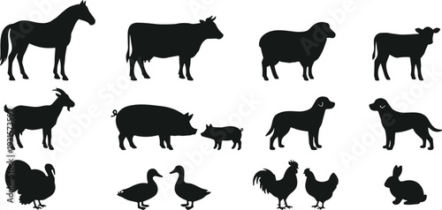 Black silhouette of farm animals set including horse, cow, sheep, goat, pig, dog, turkey, duck, chicken, and rabbit, isolated on white background, vector