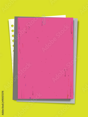 Old blank fluorescent pink paper with ink stains from risograph defect printing attached with other papers by paper clip on fluorescent yellow background