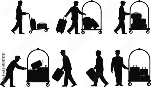 Hotel bellhop silhouette set with porters pushing luggage carts, bellboy carrying suitcases, hospitality service staff, travel baggage handling, resort concierge vector icons collection.