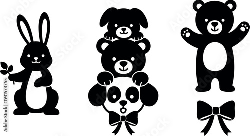 Flat design cute animal silhouettes three toy icons rabbit bear panda stacked composition with bow playful simple black and white