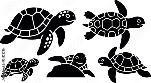 Silhouette flat design sea turtles swimming and resting in friendly playful vector composition close up black shapes on white background
