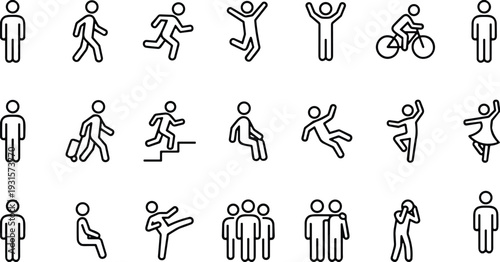 Human action icon set with people walking, running, jumping, cycling, sitting, dancing, falling, climbing stairs, standing, fighting, traveling, social distancing, linear vector symbols.