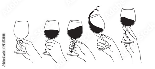 Hand holding wine glass with liquid in different stages of pouring or swirling in progressive sequence illustration