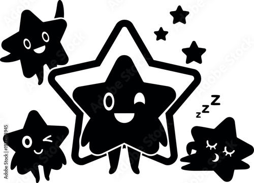 Cute kawaii star characters group vector art smiling winking sleeping tiny stars playful composition for kids decor wallpaper printable poster