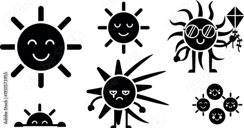 Flat design sun icon set various smiling and frowning suns with sunglasses kite sunrise group minimalist black vector pack playful
