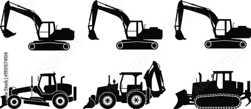 Black silhouette set of heavy construction machinery including excavators backhoe loaders and bulldozers on tracks and wheels, cad drawing flat vector illustration isolated.