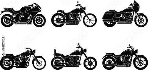Black silhouette set of various motorcycle styles including sport bikes cruisers and classic motorbikes isolated on white background cad drawing flat vector illustration.
