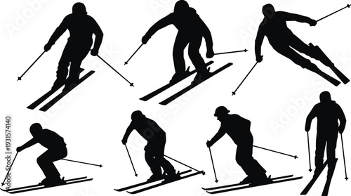 Skiing silhouette set with downhill skiers, mountain winter sports athletes, extreme slalom skiing action, alpine skier figures, winter vacation outdoor activity icons.