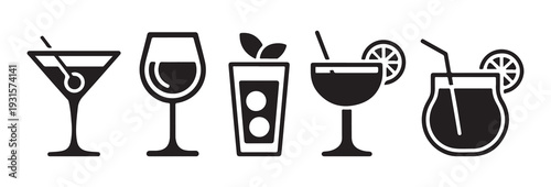 Alcoholic cocktail drink icons set with martini glass wine goblet and tropical beverage silhouette collection