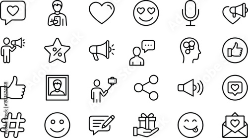 Social media marketing and engagement line icon set, thin stroke vector symbols of heart, like, megaphone, selfie, emoji, and communication, isolated, graphic