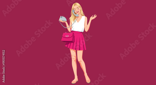 Happy Blonde Woman Talking on Retro Landline Phone Vector Illustration