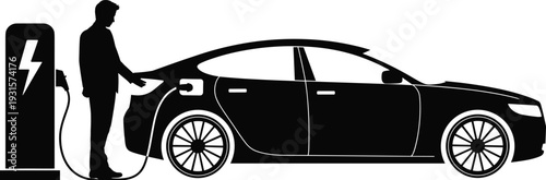 Black silhouette of a person charging an electric car at a fast charging station, sustainable transportation concept, cad drawing flat vector illustration.