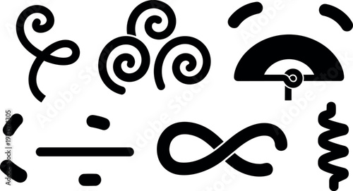 Minimal flat vector swirl spiral icon set showing loops dashes gauge semicircle arcs on white landscape background simple black style