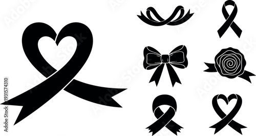 Minimalist ribbon and bow icon set heart awareness ribbons flat vector art for charity campaign emblems black silhouette isolated collection
