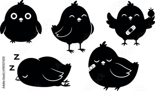 Flat design cute black chick silhouettes with bandages sleeping standing holding fruit smiling minimalist vector art set close up side