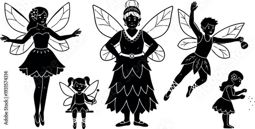 Whimsical silhouette fairy family portrait with grandmother and children flying spreading fairy dust in playful woodland scene graceful diverse