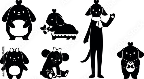 Minimalist silhouette character set showing six cute dog mascots in playful poses waving holding flower sitting standing with scarf bow