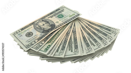 A fan of crisp American twenty-dollar bills is artfully spread out against a dark background, symbolizing wealth and financial prosperity.