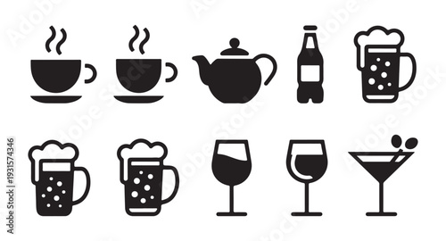 Beverage icon set with hot coffee cups, teapot, beer bottle, frothy beer mugs, wine glasses, cocktail glasses
