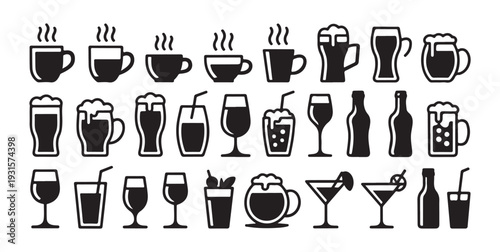 Beverage icon set: steaming coffee cups, teapot, beer bottle, various beer mugs, glasses, cocktails, bottles