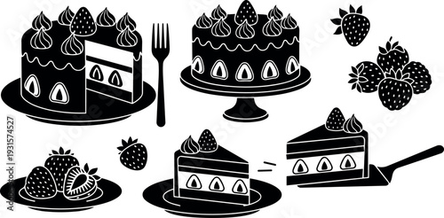 Flat design close up strawberry layer cake with sliced piece on plate fork cake server and scattered berries black silhouette