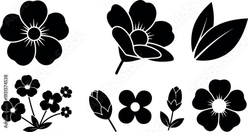 Flat design black floral silhouette icons set close up simple flower and leaf shapes vector art minimal composition studio isolated