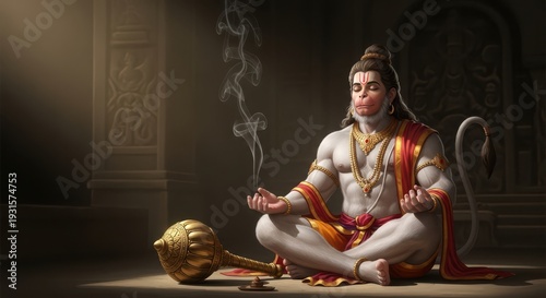 Hanuman meditates peacefully in traditional Indian temple setting