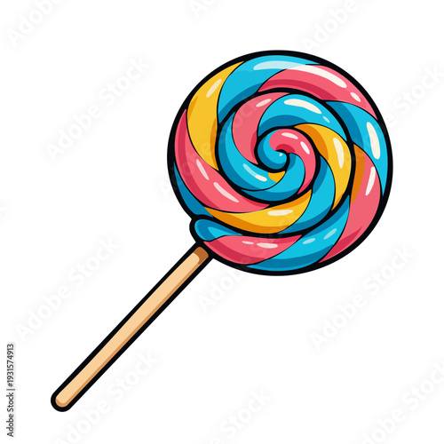 A vibrant, cartoon-style illustration of a classic spiral lollipop featuring bright pink, blue, and yellow colors on a wooden handle