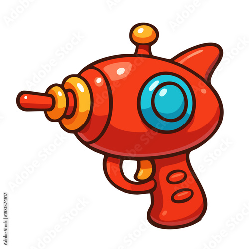 A vibrant, stylized illustration of a classic toy blaster ray gun, featuring a playful design and bold colors suitable for children's media or retro concepts