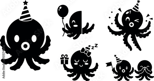 Flat design octopus party icon set multiple cute silhouettes with hats balloons gifts sleepy wink playful vector art minimal black