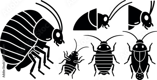 Flat vector insect icon set showing multiple bed bug and flea silhouettes in close up various angles simple black design