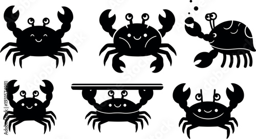 Flat silhouette crab icon set with smiling crabs in playful poses including hermit crab holding plank and bubbles beach vector
