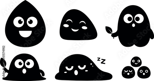 Minimal kawaii blob characters set showing smiling winking surprised and sleeping silhouettes holding leaves playful black vector stickers flat cute