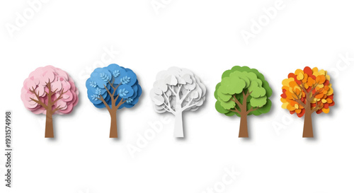 Paper Cut Five Colorful Trees Representing Seasons: Spring, Winter, Summer, Autumn. Nature's Cycle Illustration on White Background.