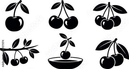 Flat design cherry icon set with six black silhouette cherries on white background close up minimal vector composition studio arrangement