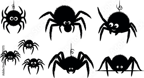 Cute silhouette spider vector set with hanging web angles smiling eyes various poses flat design black cartoon minimal playful collection