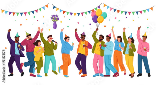 Joyful Group of Diverse Friends Celebrating at a Festive Party with Hats, Drinks, Confetti, and Balloons on White Background